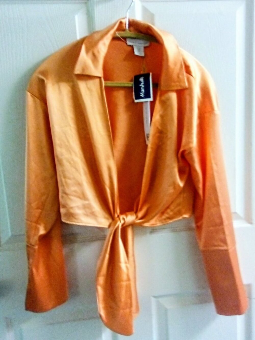 House of Harlow 1960 Tangerine "Satin" Blouse Half Top No Buttons Waist Tie Sz 8